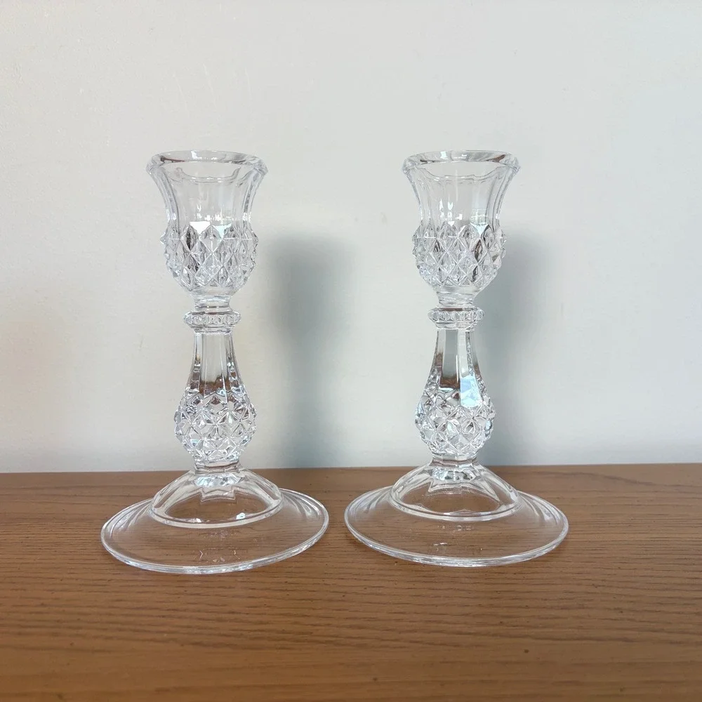 Waterford Crystal Lismore Taper Candlestick Holders Pair Diamond Cut Clear